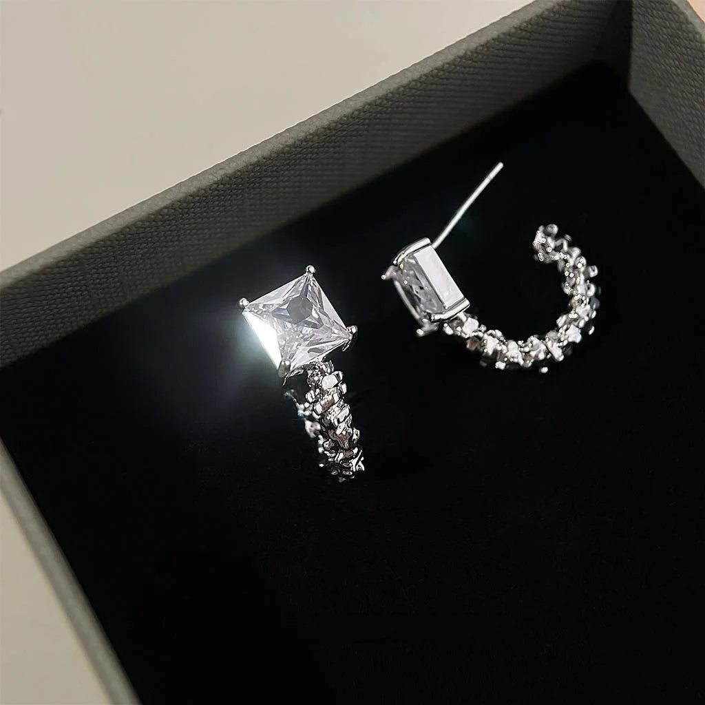 Silver Plated Copper C Shaped Hoop Earrings Geometric Sparkle Minimalist Luxury Jewelry