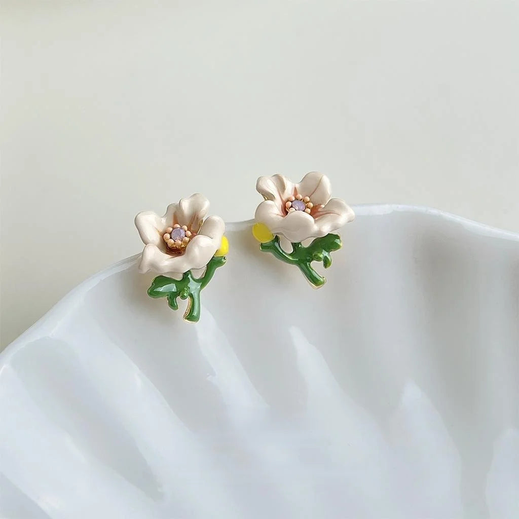 Eco Copper 14K Plated Enamel Flower Stud Earrings Forest Style Sweet Floral Jewelry