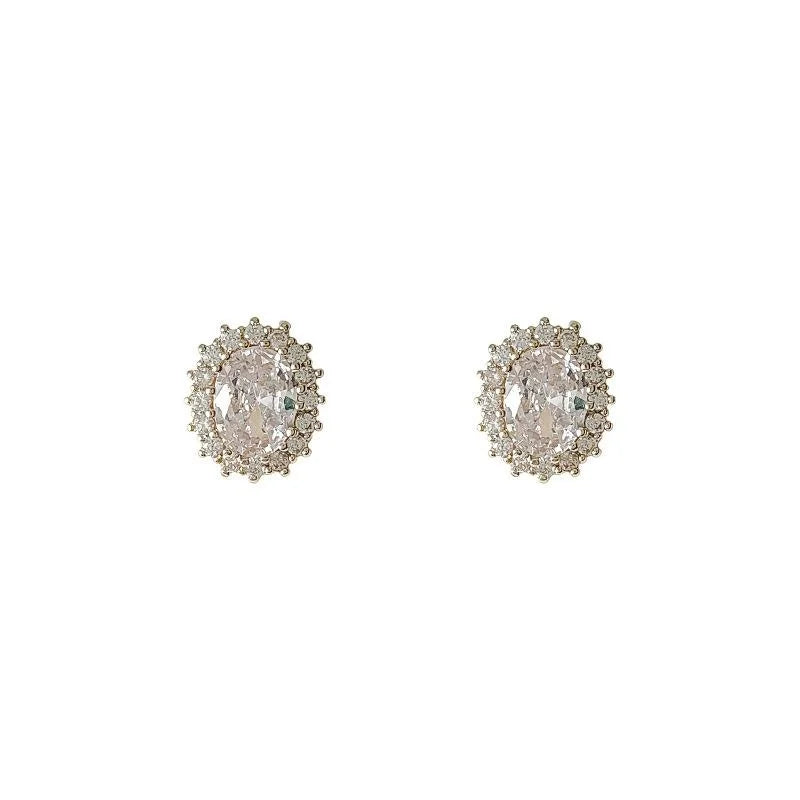 14K Gold Plated Copper Irregular Oval Micro Pave Zircon Stud Earrings