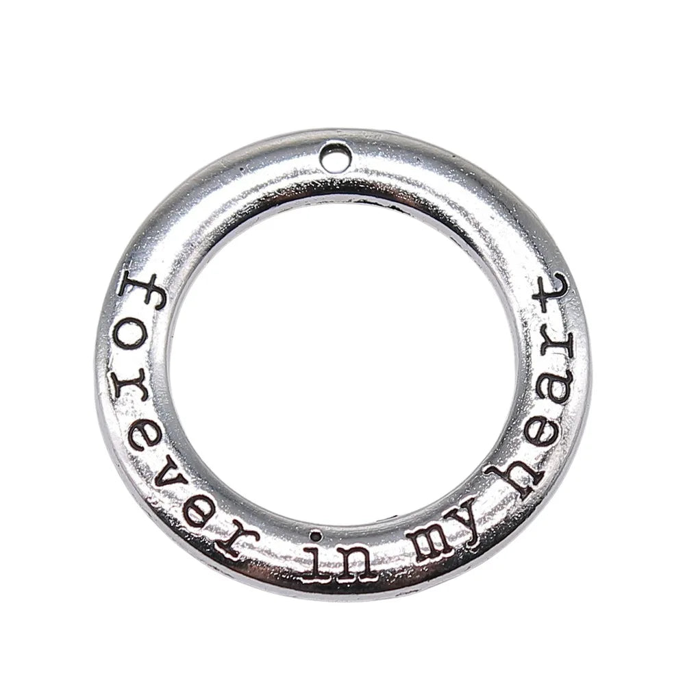28x28mm 2.9g Zinc Alloy Forever in My Heart Round Ring Letter Charm Pendant for DIY Memorial Jewelry