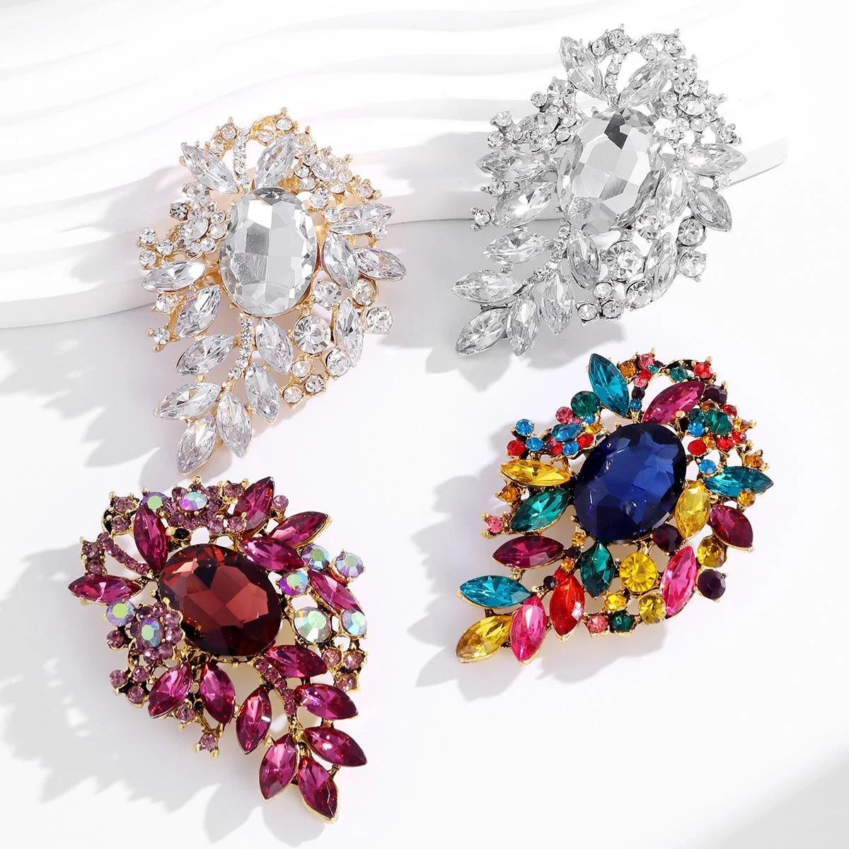 Luxury Crystal Glass Rhinestone Floral Leaf Brooch, Elegant Silver Alloy Lapel Pin Corsage Suit Accessory