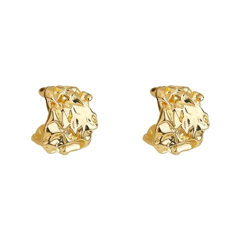 14K Gold Plated Copper Alloy Textured Irregular Floral Drop Earrings Light Luxury Style