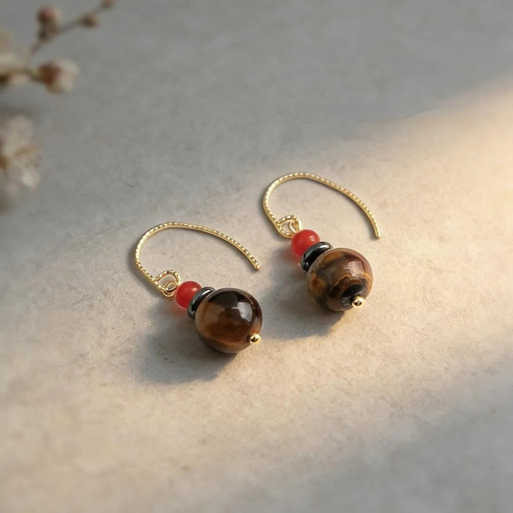 Handmade Tiger Eye Red Agate Black Stone Geometric Drop Earrings Vintage Ethnic Maillard Style