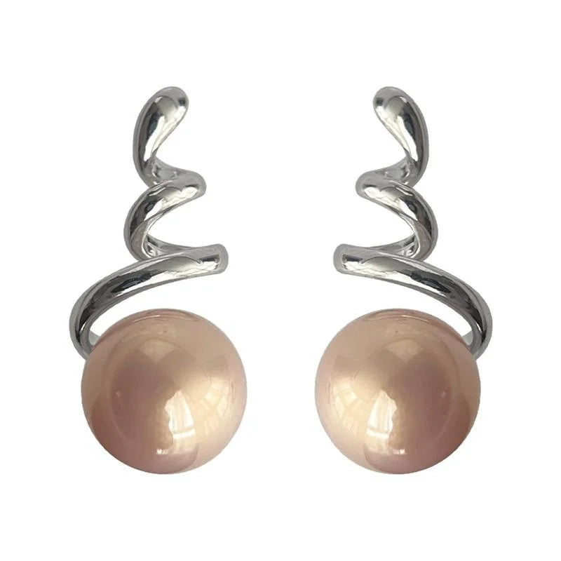 Niche Pink Pearl Copper Drop Earrings Minimalist Wave Geometric Designer Style For Women