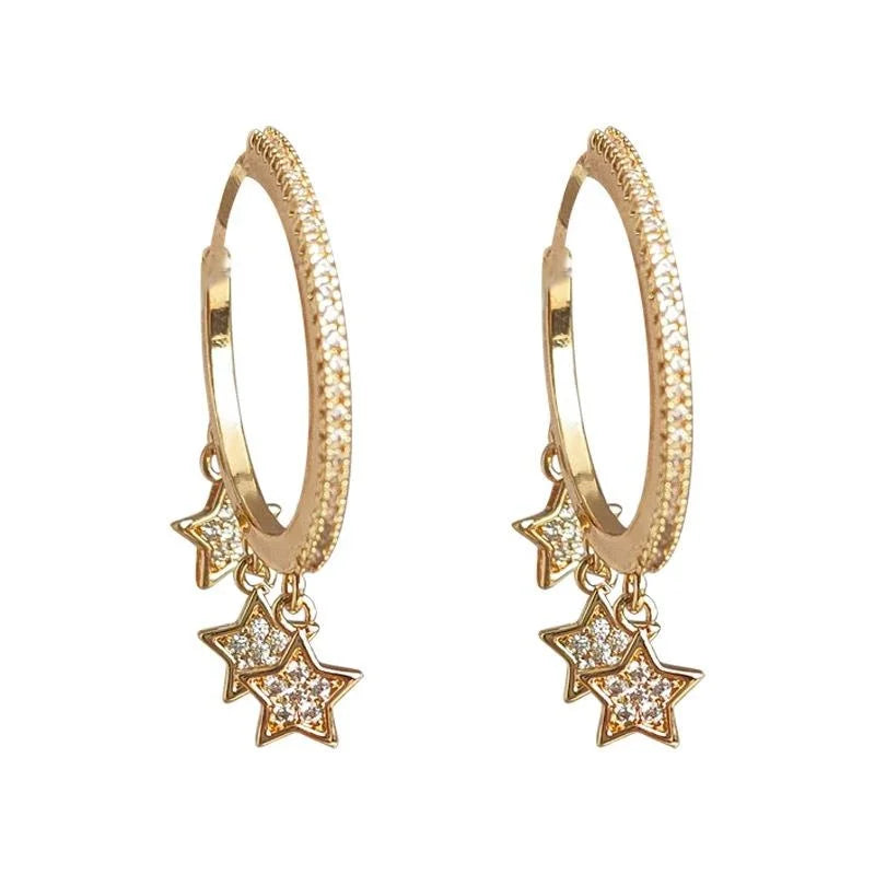 Luxury 14K Gold Plated Copper Star Drop Earrings With Micro Pave Zirconia Layered Design