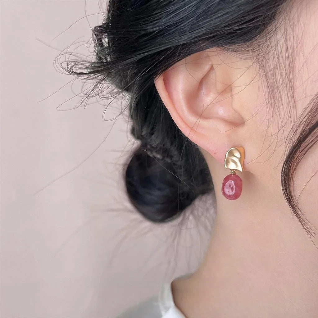 Handmade New Chinese Copper Aventurine Jade Irregular Geometric Drop Earrings