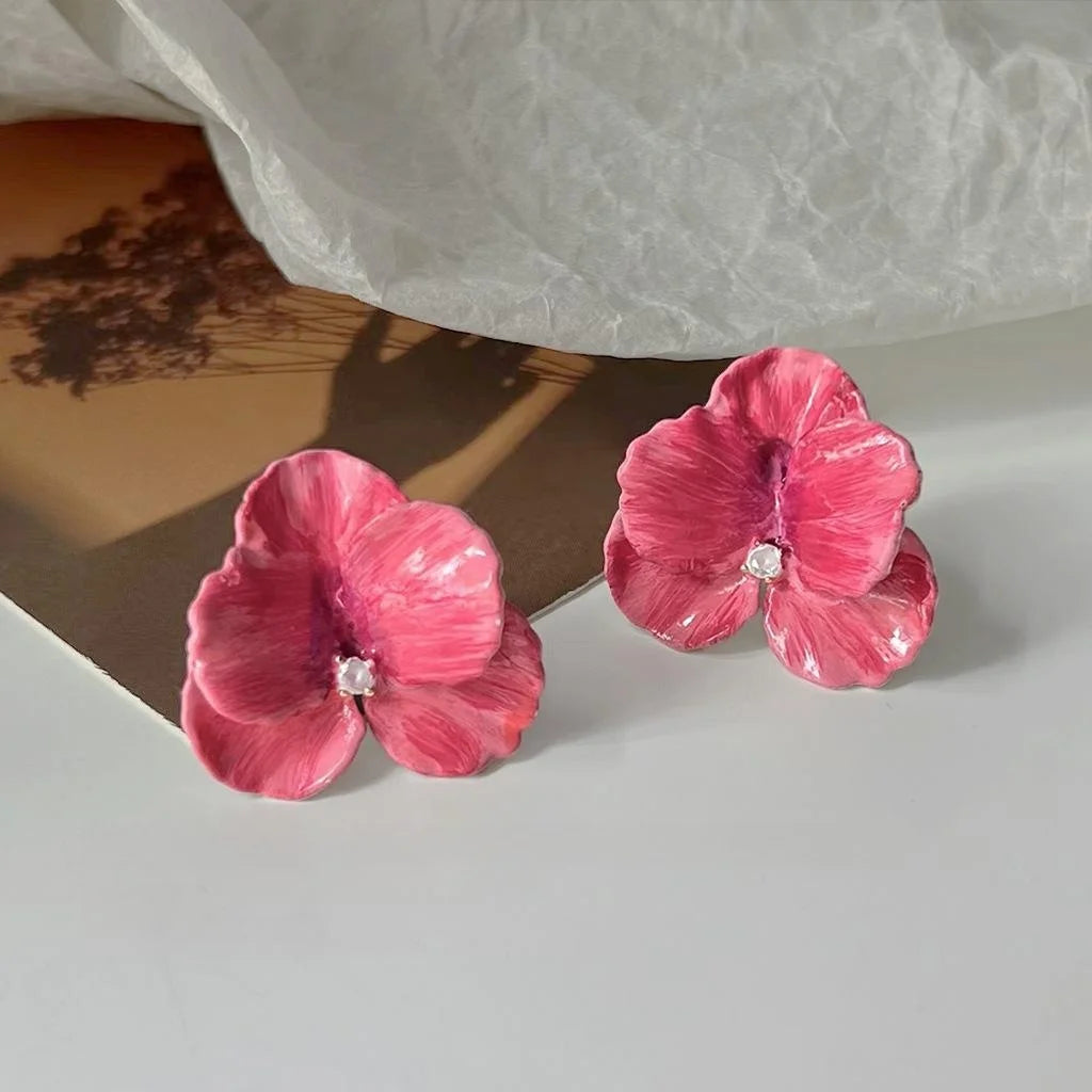 14K Plated Copper 3D Floral Petal Stud Earrings With Red Wave Korean Japanese Style