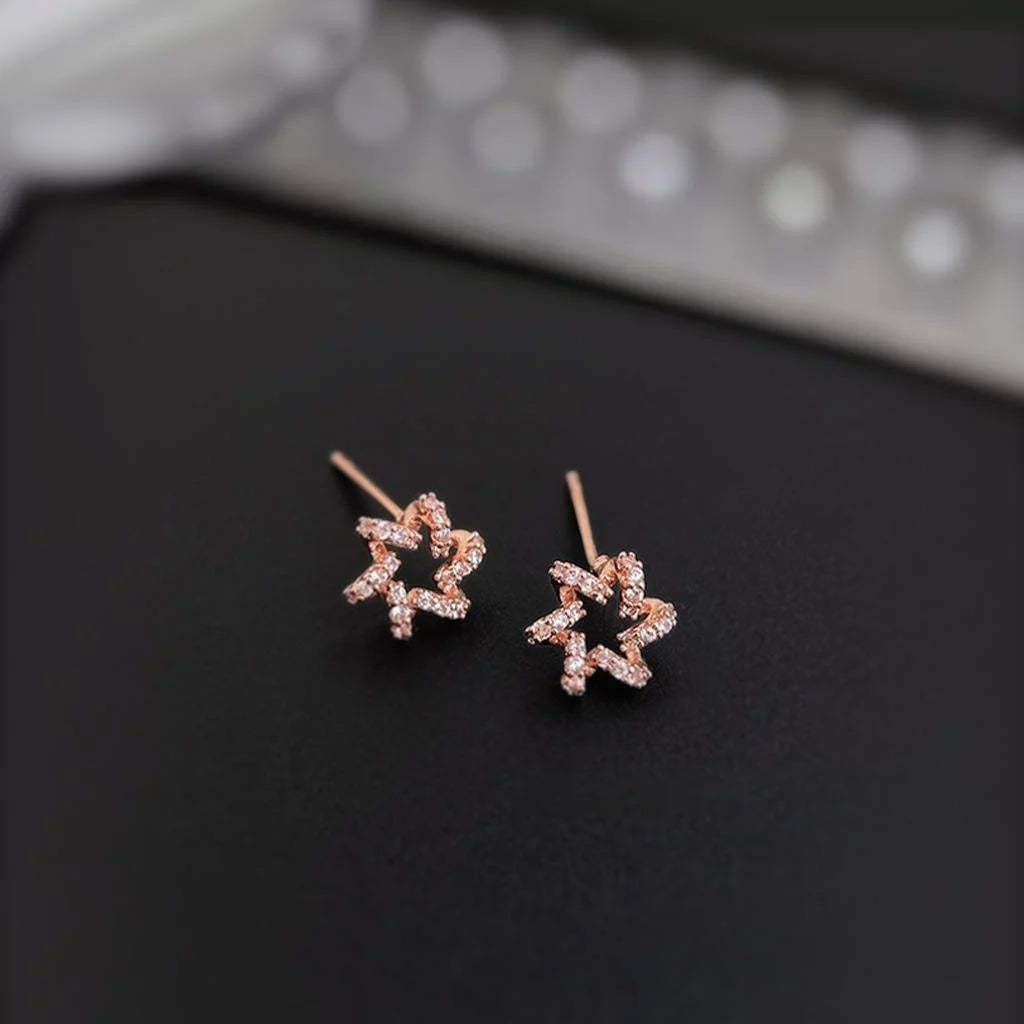 Rose Gold Plated Copper Micro Pave Zircon Star Firework Flower Stud Earrings