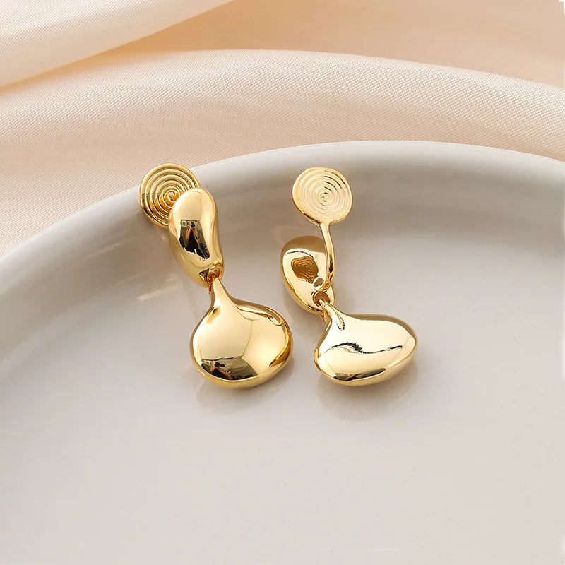Elegant Gold Alloy Smooth Bean Drop Pendant Stud & Clip On No Piercing Minimalist Dangle Earrings