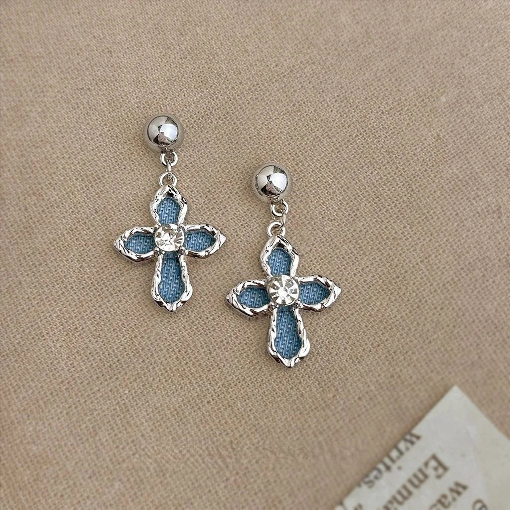 Denim Cross Geometric Drop Earrings Style Sweet Cool Designer Fashion Jewelry