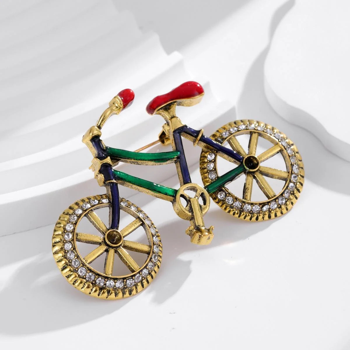 Vintage Enamel Bicycle Brooch With Rhinestone Wheels, Elegant Women's Lapel Pin Suit Accessory Gift