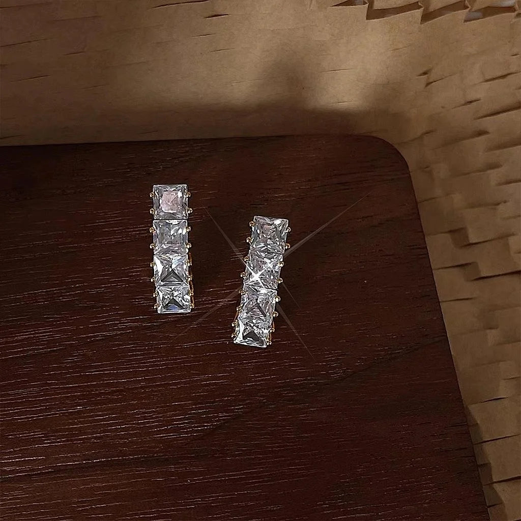 Minimalist Geometric Square Zircon Copper Drop Earrings With Micro Pave Row Stones