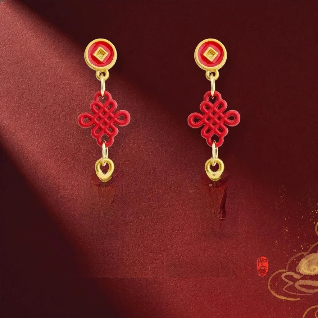 Chinese Style Geometric Copper Enamel Horse Year Knot Drop Earrings
