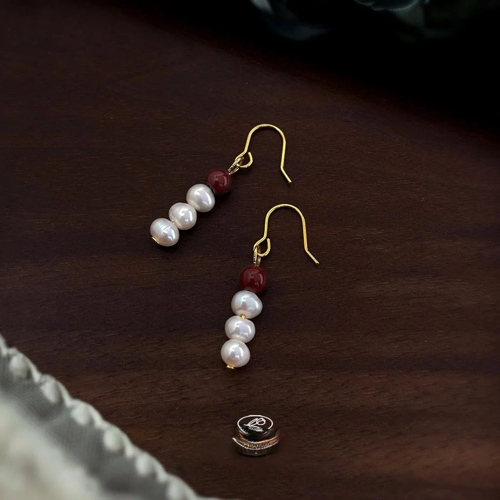 Handmade Ethnic Vintage Freshwater Pearl And Red Agate Round Geometric Drop Earrings