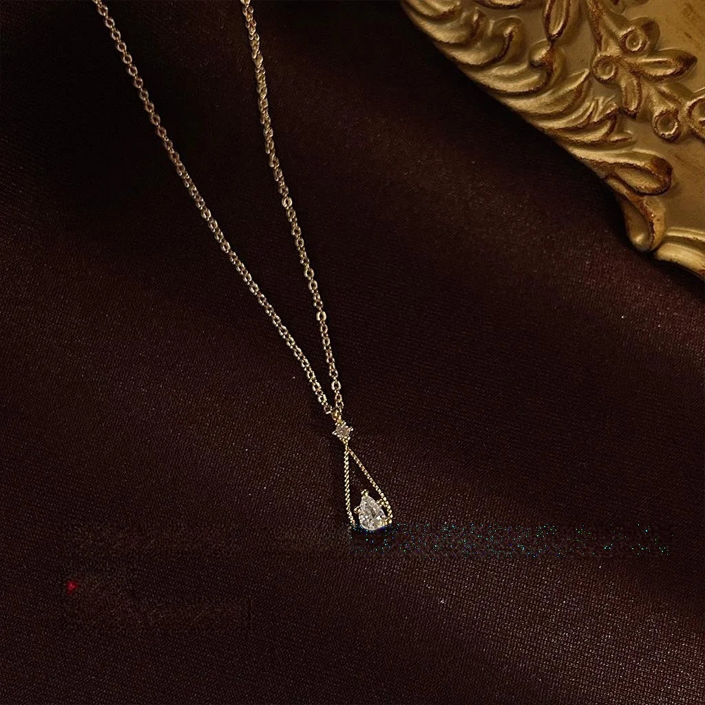French Elegant 14K Plated Copper Micro Pave Zircon Waterdrop Clavicle Necklace