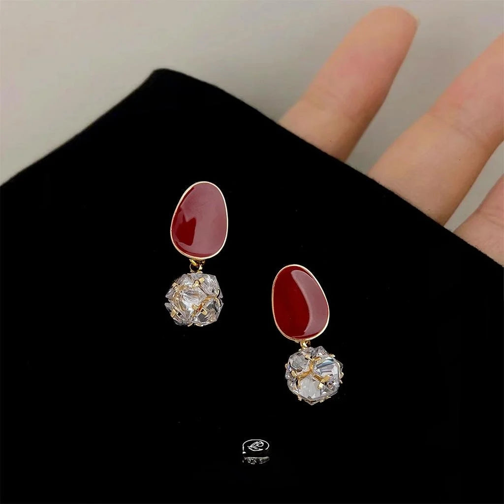 French Vintage Copper Oval Geometric Red Zircon Ball Stud Earrings For Women