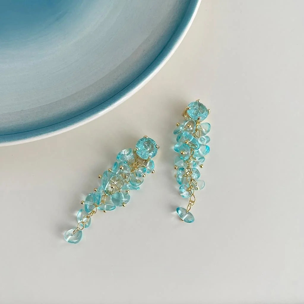 Ocean Series Handmade Long Tassel Glass Crystal Drop Earrings Geometric Resort Style Jewelry