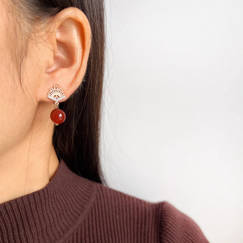 Vintage Chinese Fan Zircon Alloy Red Agate Drop Stud & Clip On No Piercing Women New Year Earrings