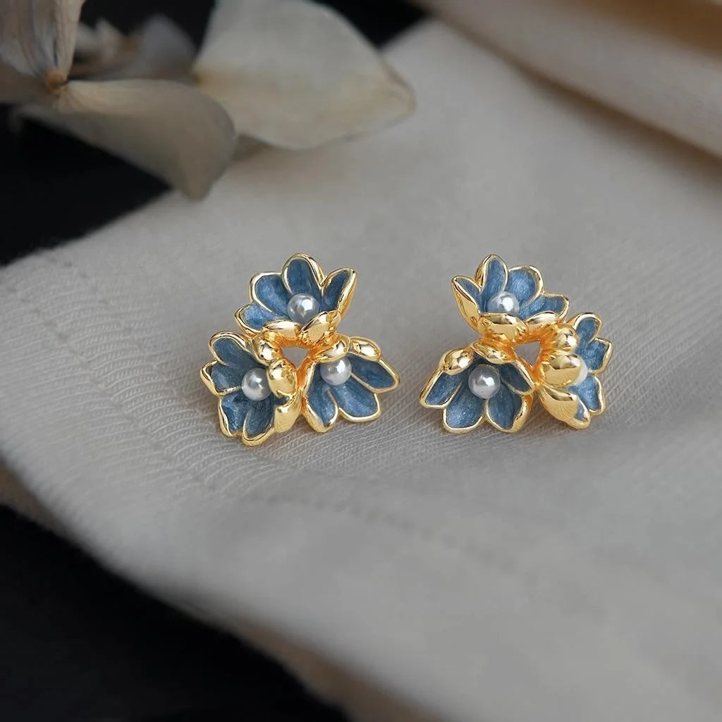 Blue Iris Flower Enamel Drip Glaze Copper Stud Earrings With Pearl