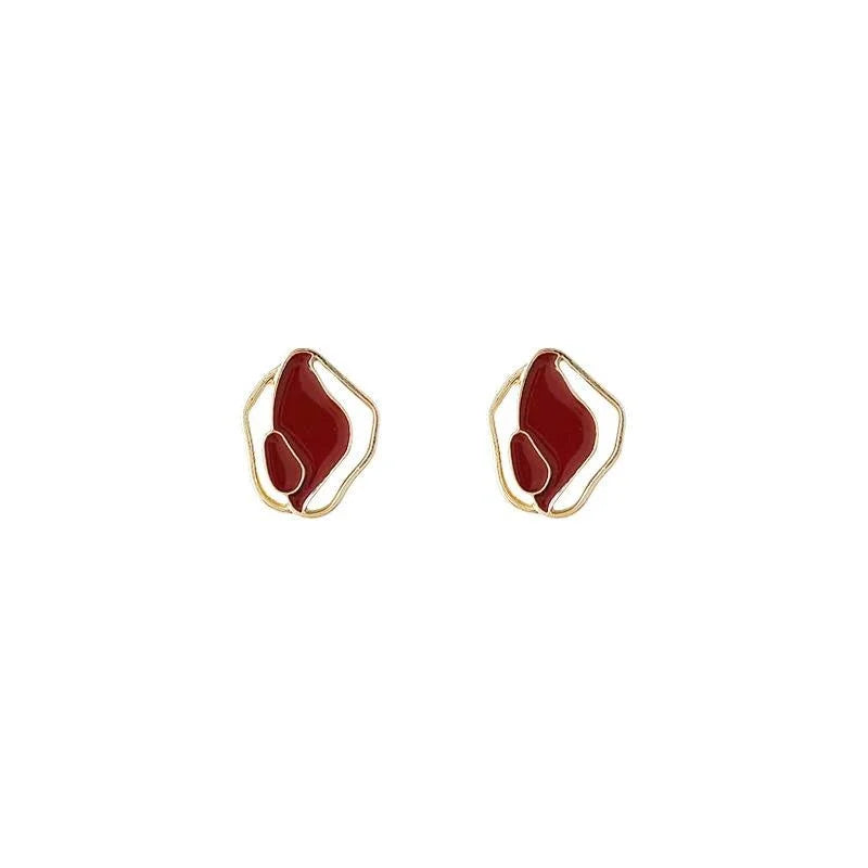 Retro Hong Kong Style Burgundy Enamel 14K Plated Copper Checkerboard Star Circle Stud Earrings