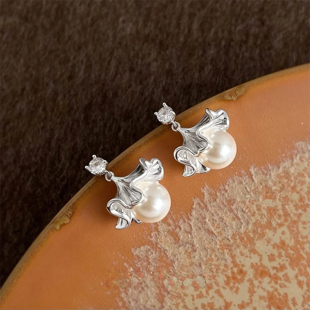 Copper French Chic Floral Petal Skirt Hem Drop Earrings With Zircon Glass Pearl