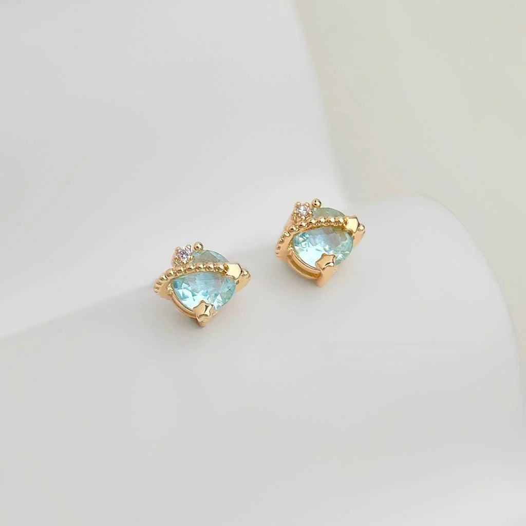 Chic Eco Copper Aquamarine Zircon Saturn Planet Round Stud Earrings For Women