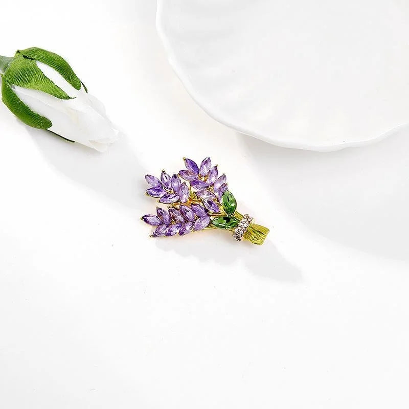 Elegant Lavender Bouquet Alloy Enamel Rhinestone Brooch, Purple Wheat Leaf Lapel Pin Corsage Suit Accessory Gift