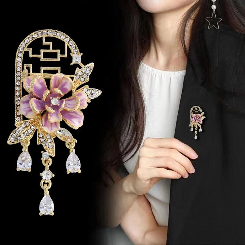 Elegant Chinese Style Enamel Peony Flower Tassel Brooch With Rhinestone Zircon, Alloy Lapel Pin Corsage Gift