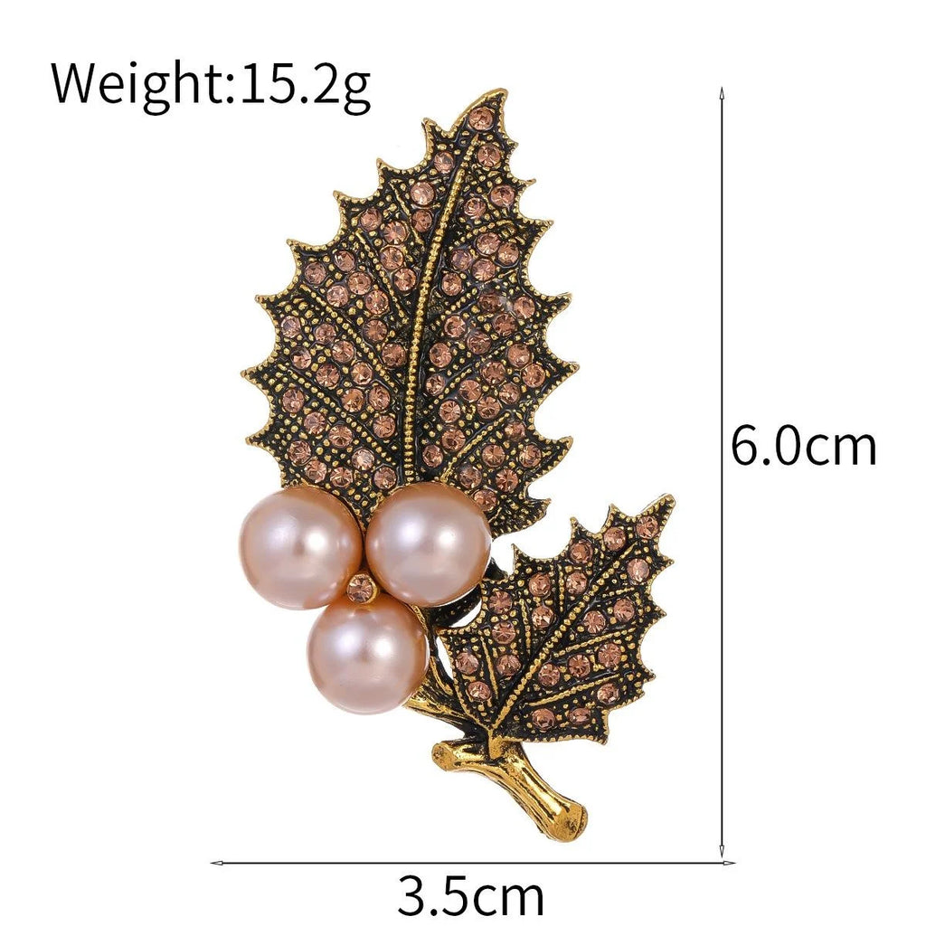 Vintage Maple Leaf Pearl Rhinestone Brooch, Elegant Gold Tone Alloy Lapel Pin Suit Accessory Gift