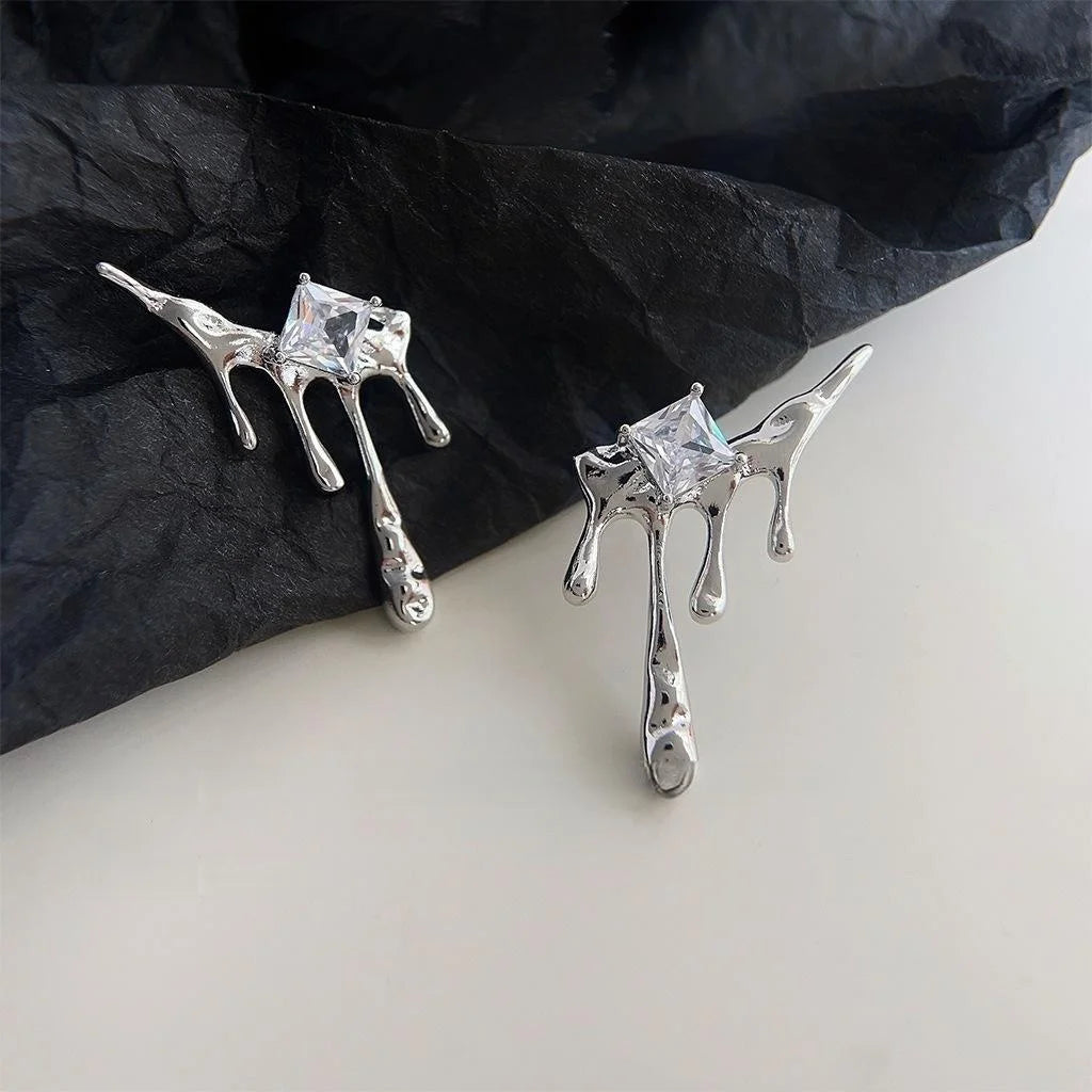Sweet Cool Irregular Liquid Waterdrop Zircon Copper Stud Earrings With Silver Plated Posts