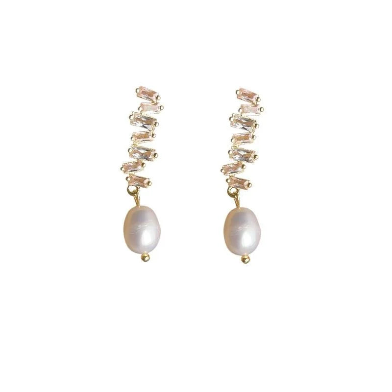 14K Gold Plated Copper Long Line Stud Earrings With Micro Pave Zircon Freshwater Pearl