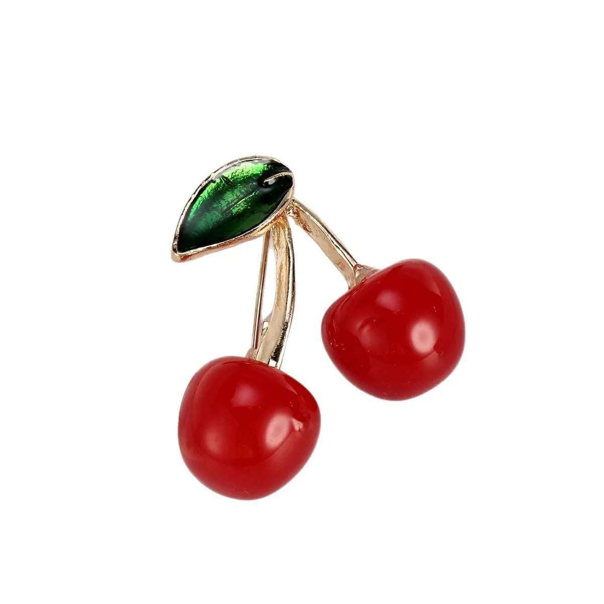 Cute Red Cherry Fruit Brooch With Glossy Enamel And Gold Alloy Leaf, Elegant Lapel Pin Suit Accessory Gift