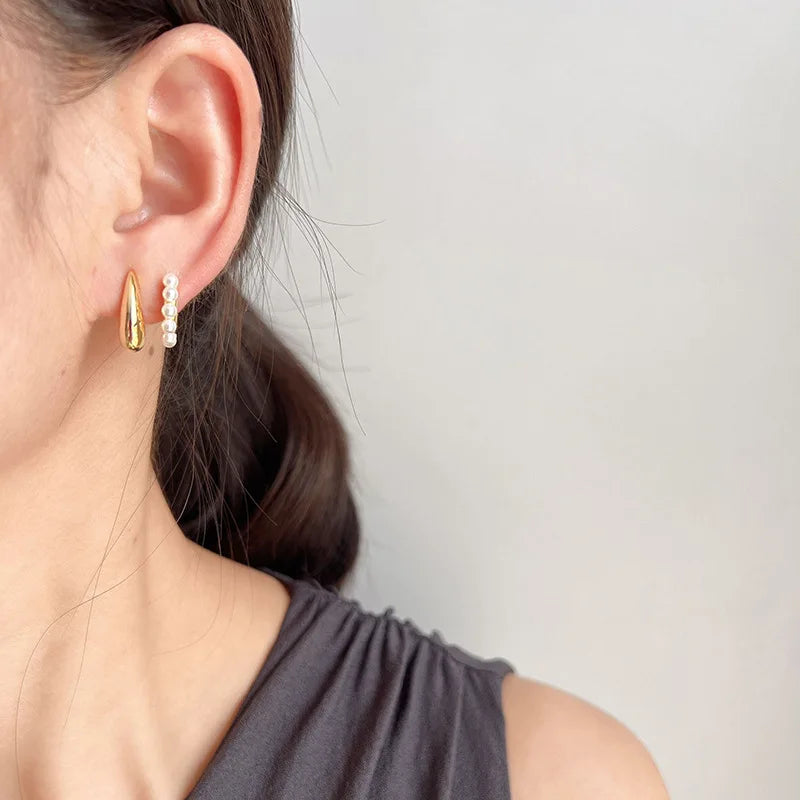 Elegant Gold Alloy Teardrop Double Layer Pearl Hoop Stud & Clip On No Piercing Women's Earrings