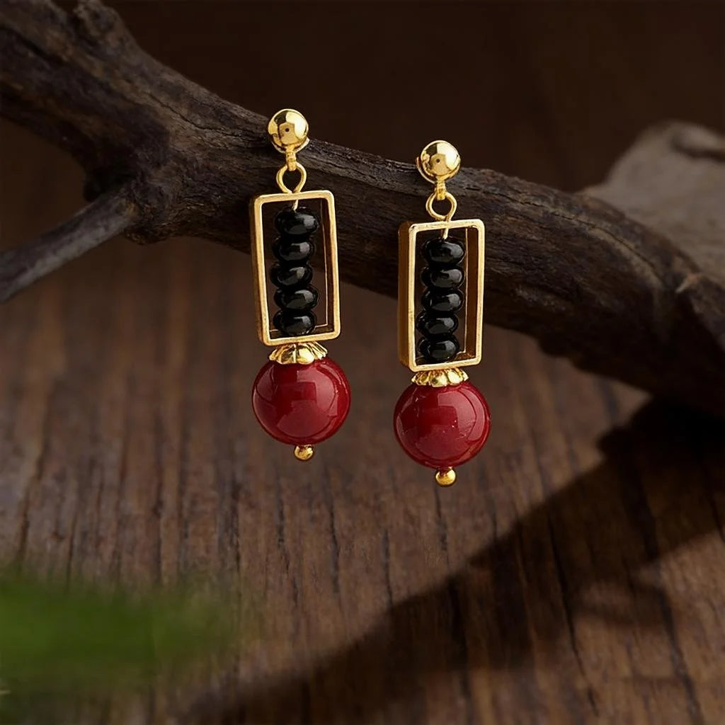 Red Black Handmade Chinese Style Geometric Drop Earrings With Glass Pearls And Natural Stone