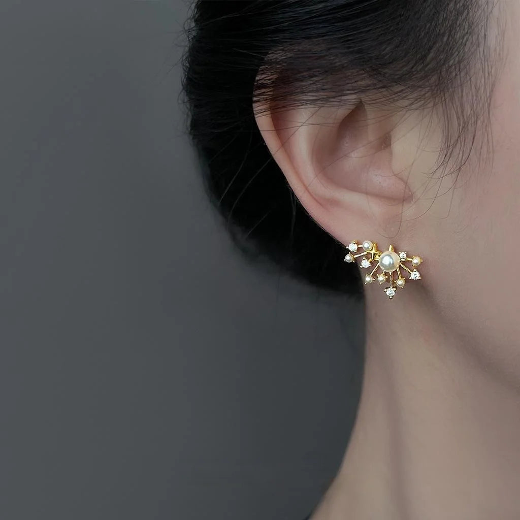 Luxury Silver Plated Copper Zircon Pearl Starburst Stud Earrings For Women