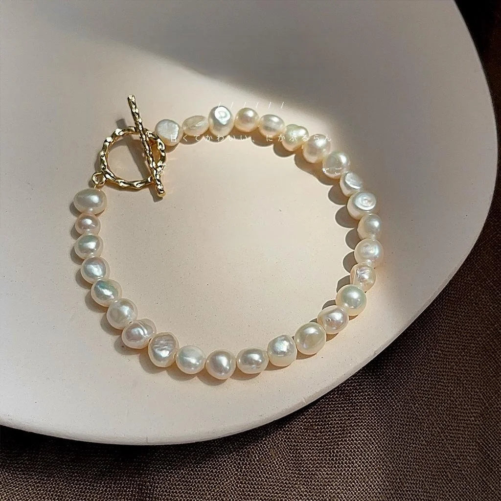 14K Real Gold Plated Natural Irregular Baroque Freshwater Pearl Handmade Geometric Circle Bracelet