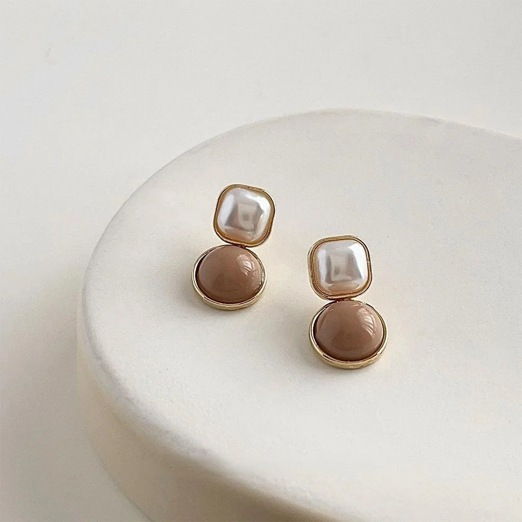 French Maillard Geometric Drop Earrings, Copper, Round Square Vintage Style