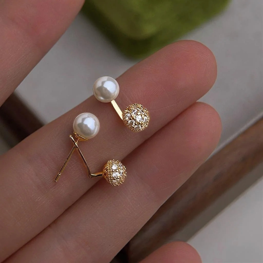 Two Way 14K Gold Plated Copper Pearl Stud Earrings With Micro Pave Zircon Round Geometric Design