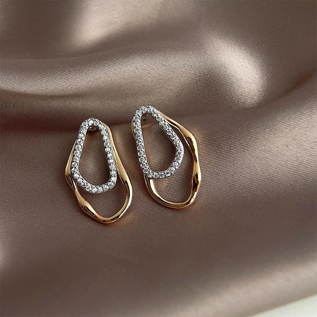 French Vintage Two Tone Copper Micro Pave Zircon Geometric Irregular Hollow Line Drop Earrings