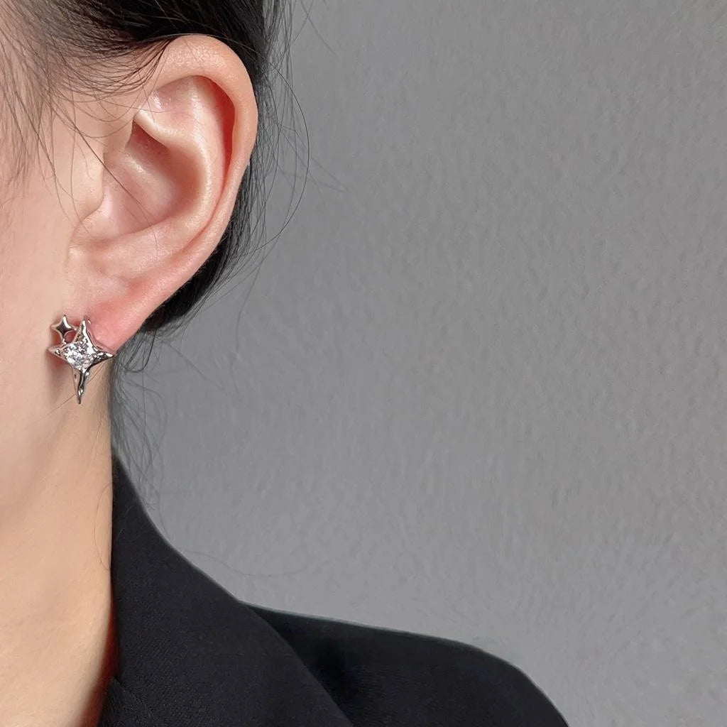 Sparkling Zircon Inlaid Asymmetric Star Heart Copper Stud Earrings Silver Plated Minimalist Jewelry