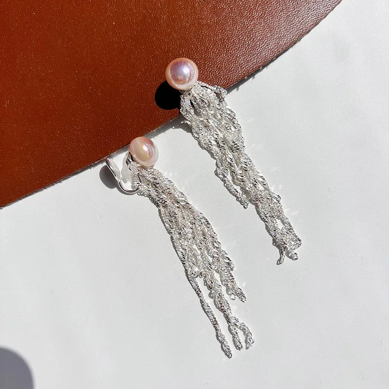 Elegant Luxury Spiral Pink Pearl Long Chain Tassel Alloy Stud & Clip On No Piercing Drop Earrings