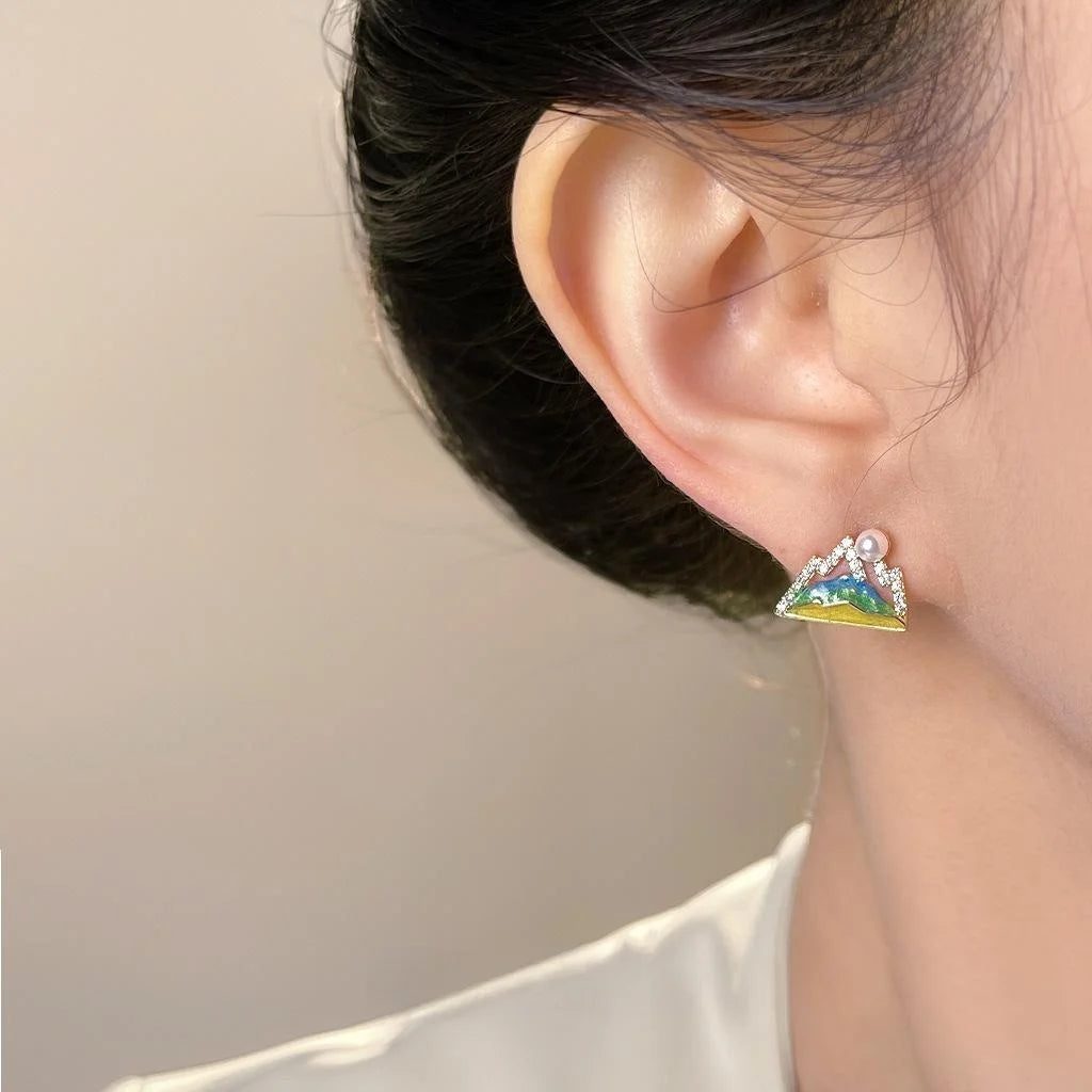 Silver Plated Geometric Pearl Zircon Stud Earrings Hand Painted Enamel Sun Mountain Design