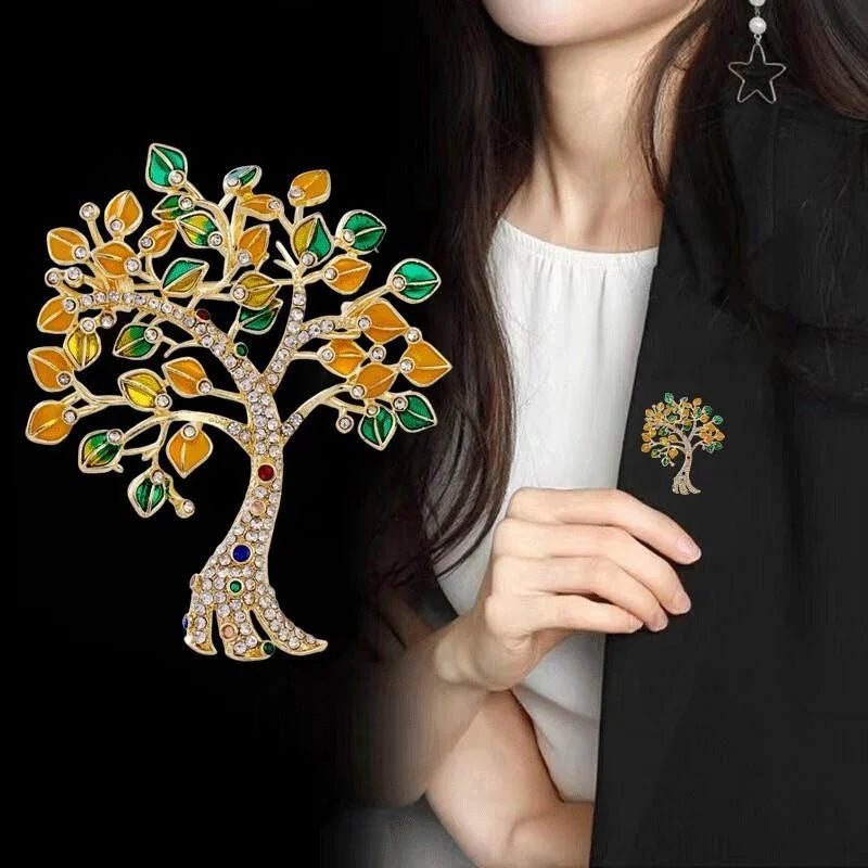 Luxury Enamel Money Tree Brooch With Rhinestone Branches, Elegant Colorful Leaf Lapel Pin Gift