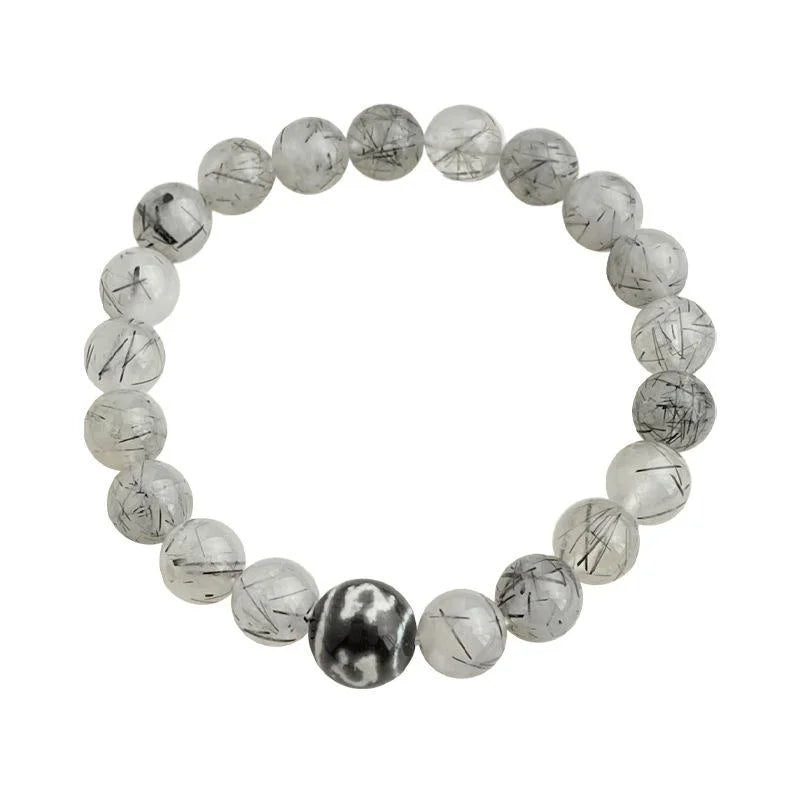 Natural Black Rutilated Quartz Beaded Bracelet New Chinese Vintage Geometric Round Design