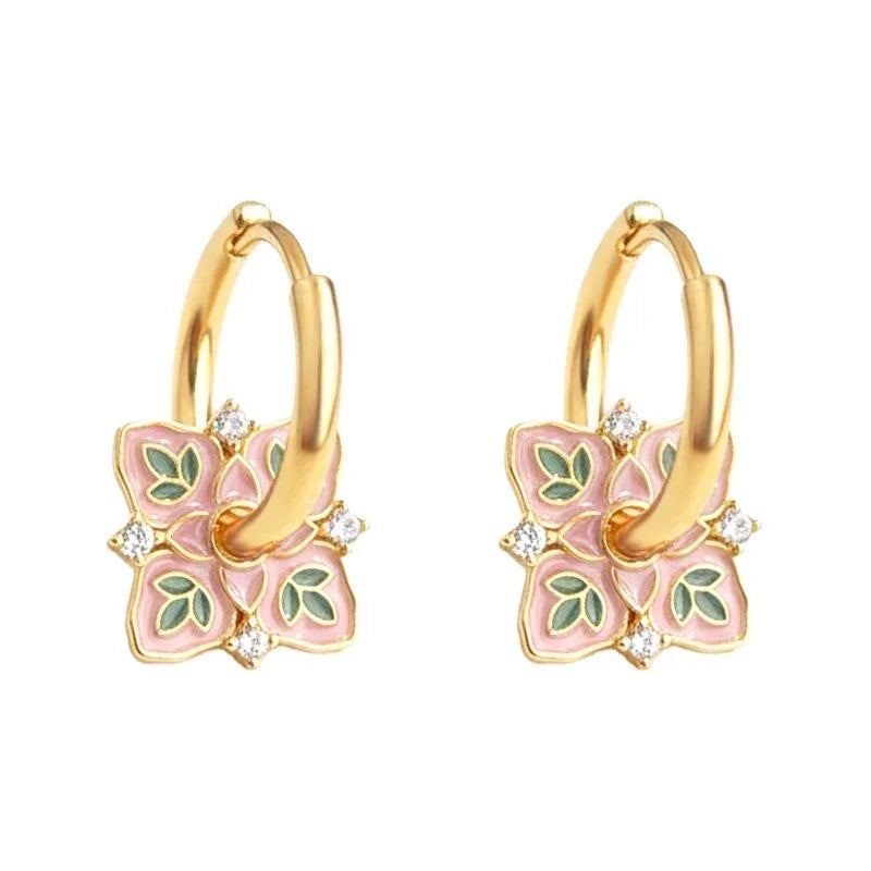 New Chinese Style Vintage Floral Enamel Copper Micro Pave Zircon Drop Earrings