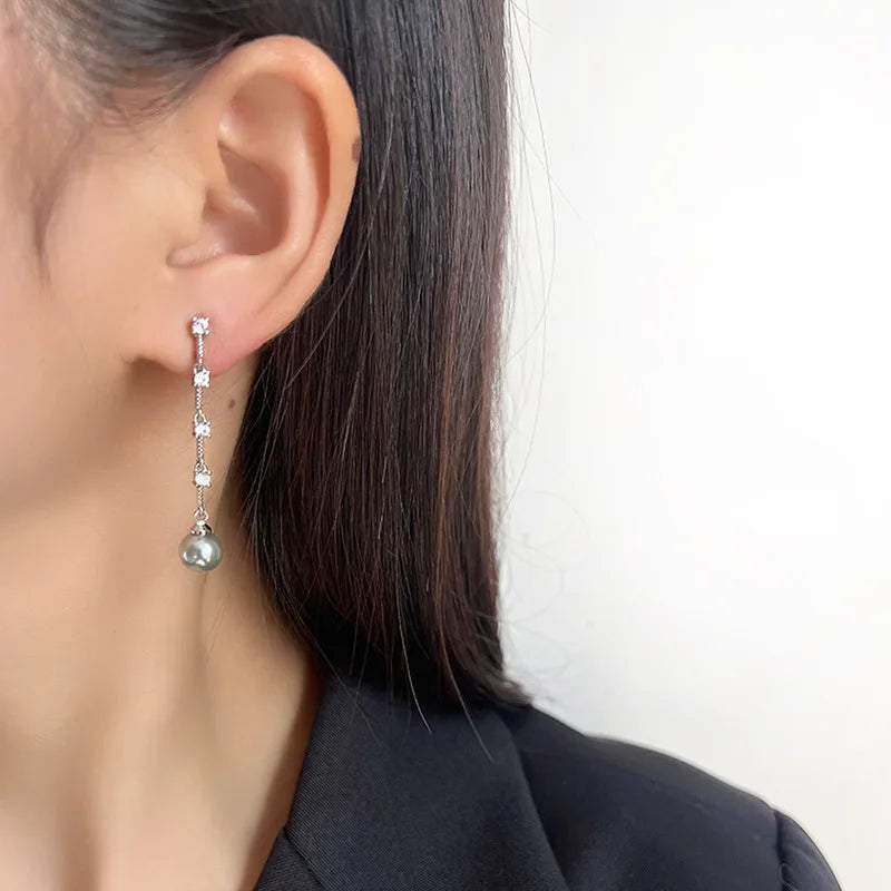Elegant Long Tassel Grey Pearl Zircon Drop Stud & Clip On No Piercing Face Slimming Earrings