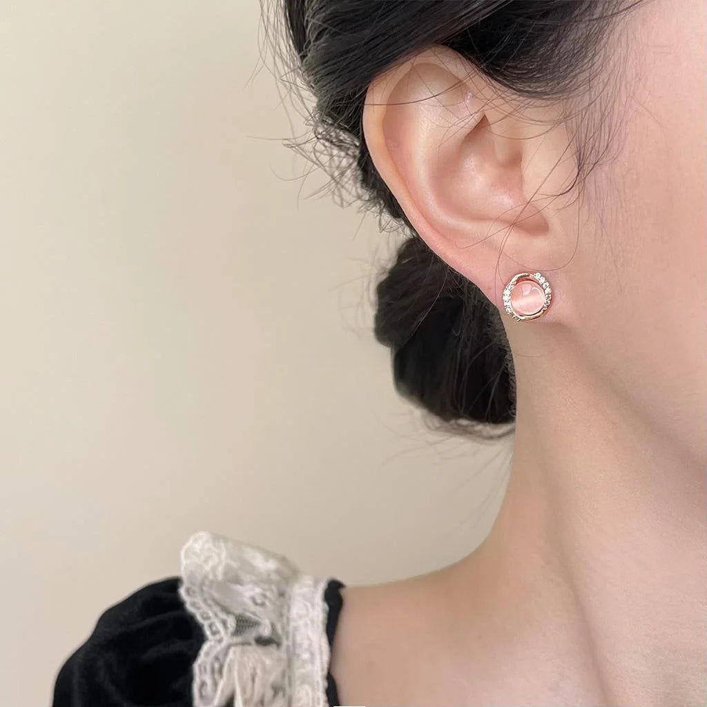 Rose Gold Plated Copper Round Glass Cat Eye Stone Zircon Micro Pave Minimalist Stud Earrings