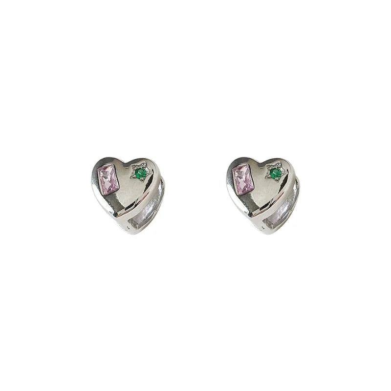 Sweet Cool Heart Zircon Stud Earrings Micro Pave Smooth Silver Plated Style Jewelry