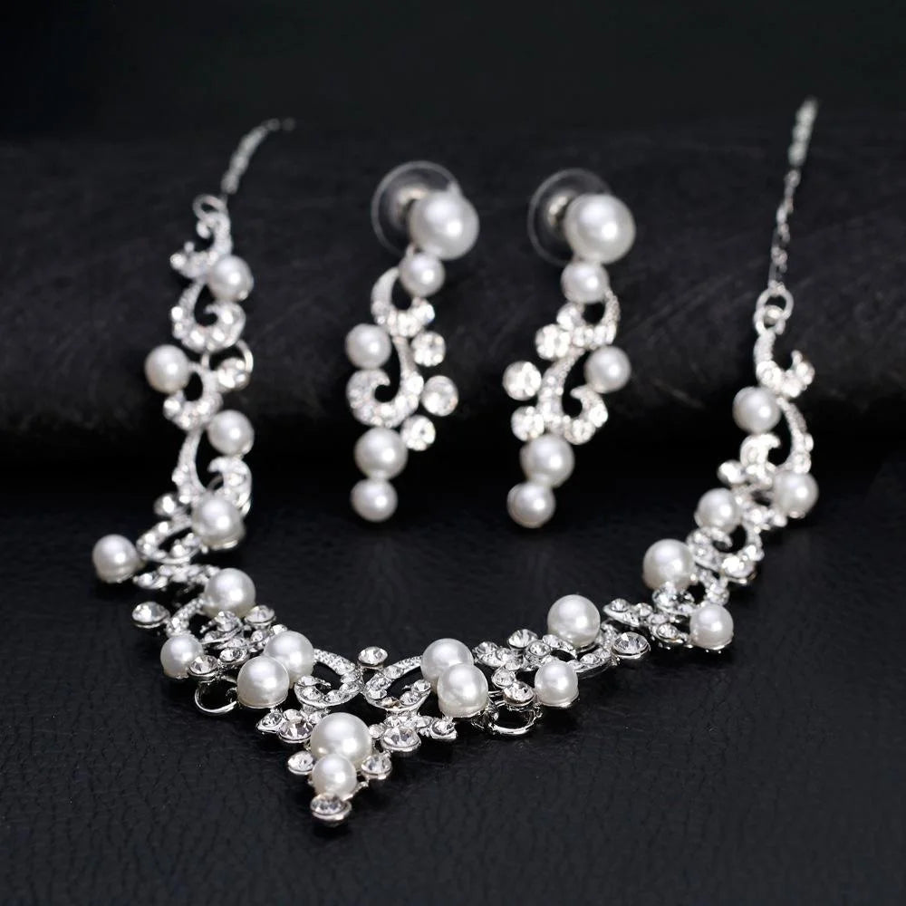 Elegant Bridal Pearl Rhinestone Alloy Necklace Earrings Jewelry Set For Wedding Party Banquet Gift