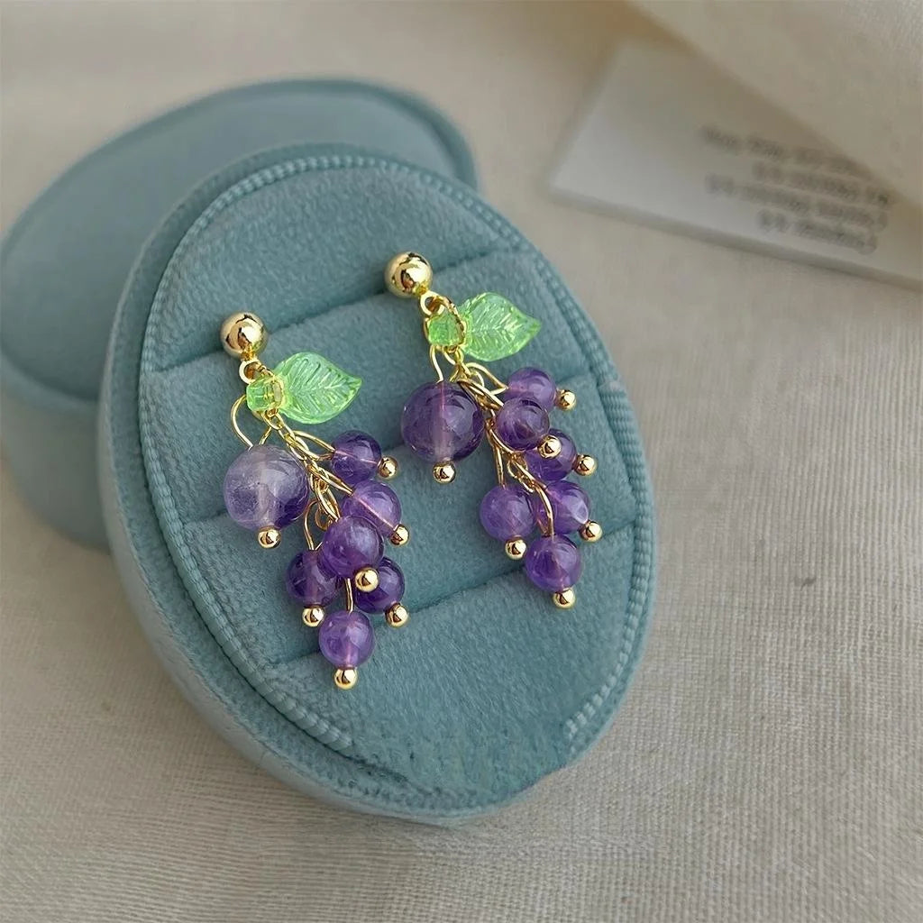 Natural Amethyst Grape Cluster Stud Earrings Handmade Fresh Sweet Forest Style Jewelry